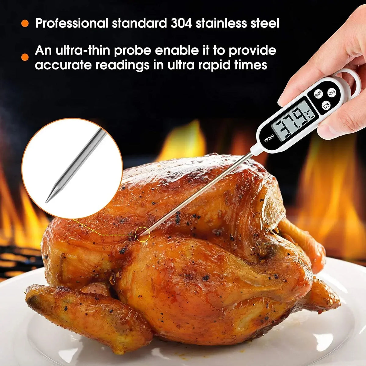Stainless Steel Probe Food Thermometer – Digital Pen-Style Kitchen Thermometer for Cooking, Milk & Baking