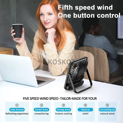 Desk Fan, Portable USB Rechargeable Fan, 180° Tilt Folding Personal Fan With Power Display, 5 Speeds Ultra Quiet Table Fan