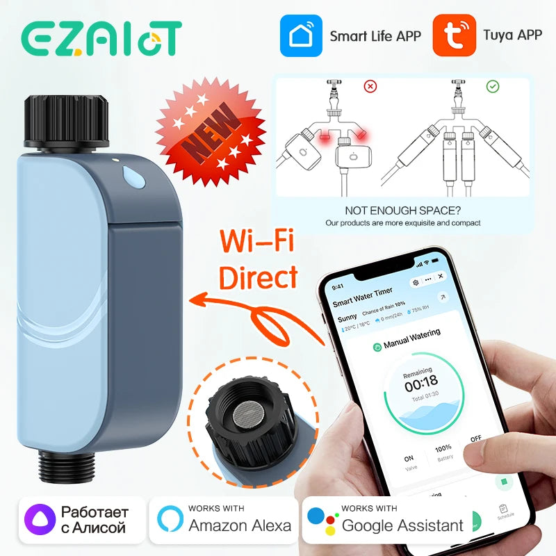 EZAIOT Wi-Fi Garden Watering Timer – Tuya Smart Automatic Irrigation Controller with IP65 Protection