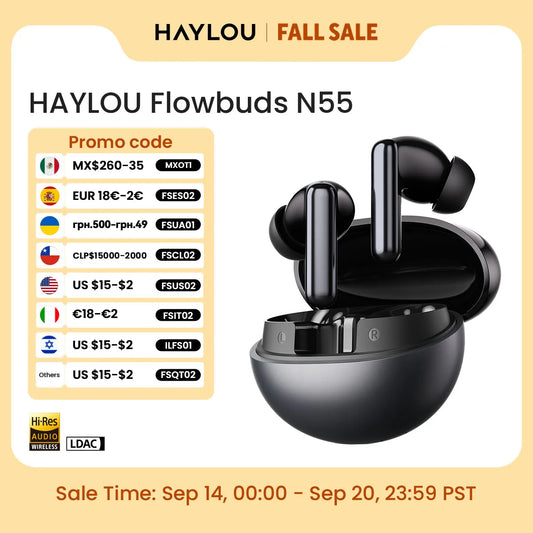 HAYLOU Flowbuds N55 Wireless Earbuds – 54dB Adaptive ANC, LDAC Hi-Res Audio & 40-Hour Battery