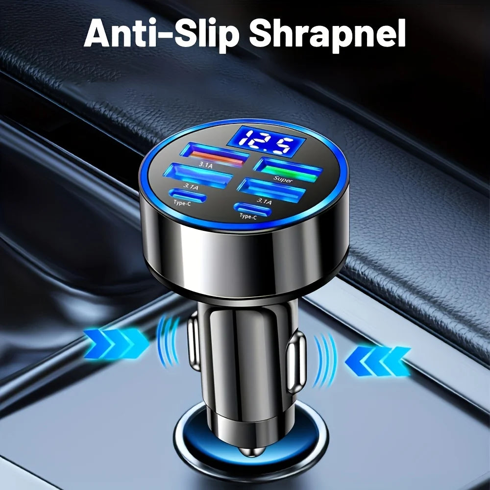 6-in-1 Car Charger Adapter – Dual USB-C Fast Charging with 3.1A Output & Digital Display