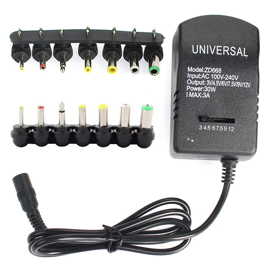 Multi-Voltage AC to DC Power Adapter – Adjustable 3V–12V Output, 7–30W Charger