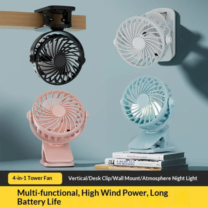 Portable Rechargeable Clip Fan – 720° Rotatable Hanging Fan with Night Light for Outdoor Camping