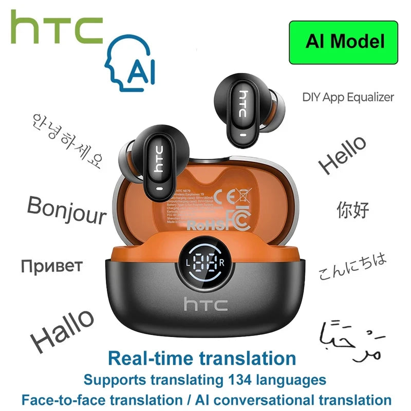 HTC NE79 Real-Time Translation Earbuds – Bluetooth Wireless Earphones with AI Call Noise Reduction & LED Display
