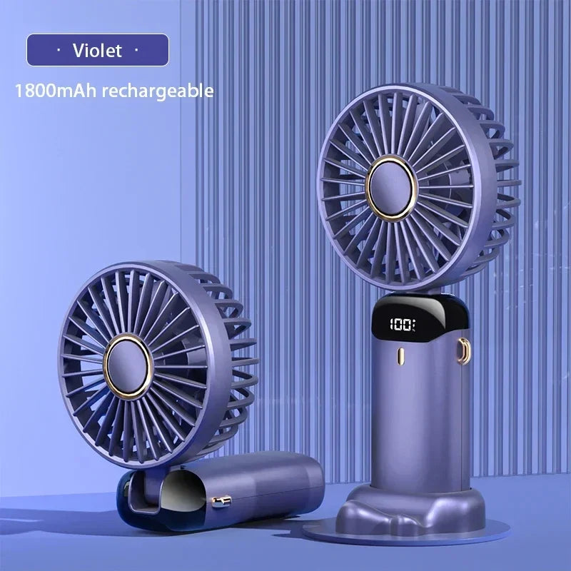 Portable Handheld Mini Fan – 5-Speed Foldable Neck Fan with Phone Stand, Digital Display & 1800mAh Battery
