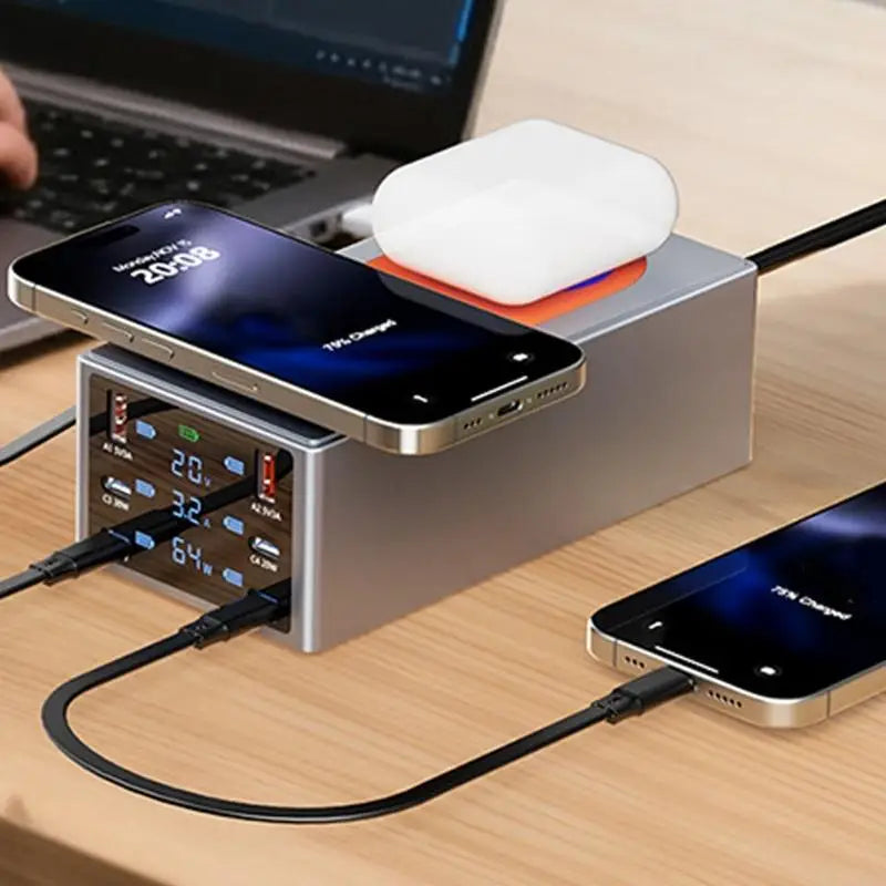 220W Smart Charging Station – Dual Wireless Chargers & Multi-Port USB Fast Charging Hub