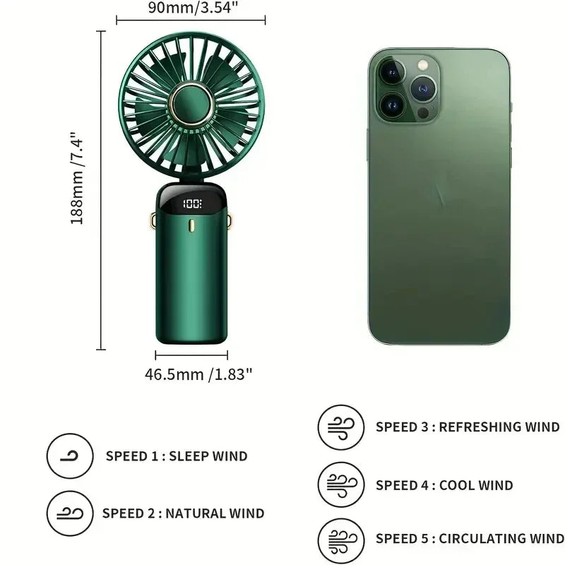 Portable Rechargeable Handheld Fan – 5-Speed Wind, 90° Adjustable, LED Digital Display & Aromatherapy