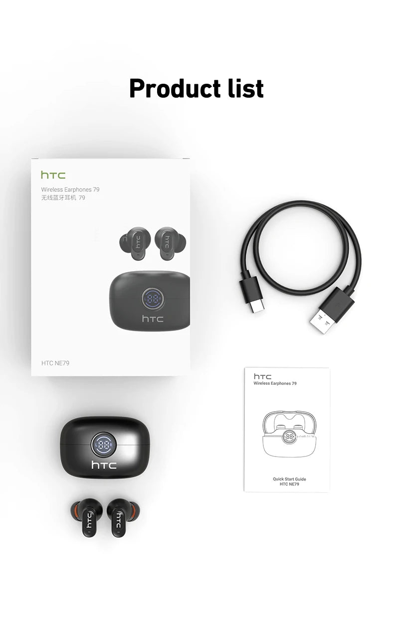 HTC NE79 TWS Bluetooth 6.0 Earbuds – AI Translation, ENC Noise Reduction & LED Display