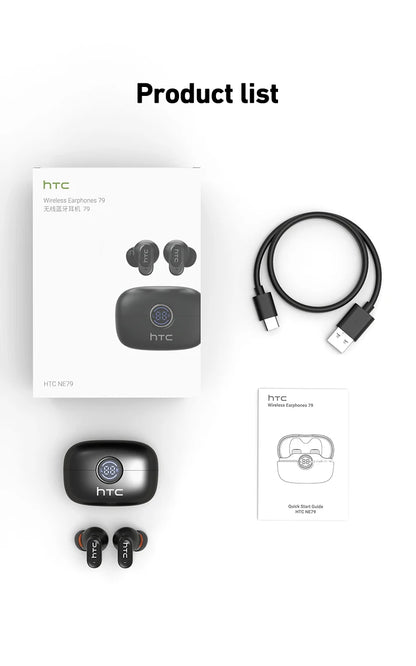 HTC NE79 TWS Bluetooth 6.0 Earbuds – AI Translation, ENC Noise Reduction & LED Display