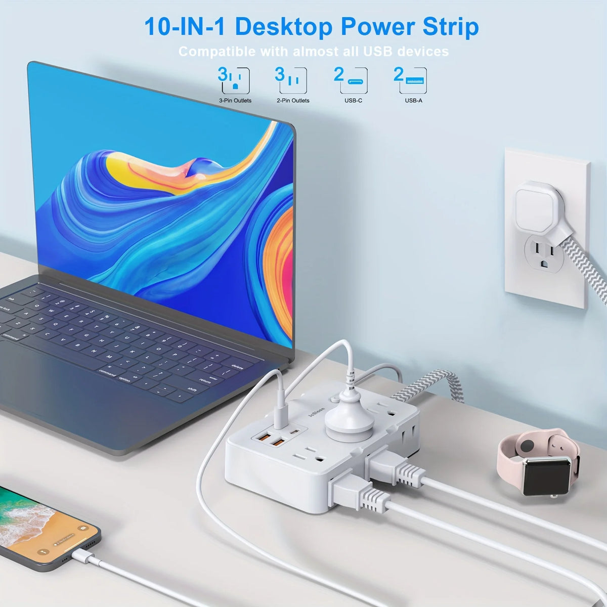JcBlaon QT660-CU Power Strip – 6 AC Outlets, 4 USB Ports & 1.5m Braided Extension Cord
