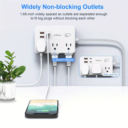 JcBlaon QT660-CU Power Strip – 6 AC Outlets, 4 USB Ports & 1.5m Braided Extension Cord