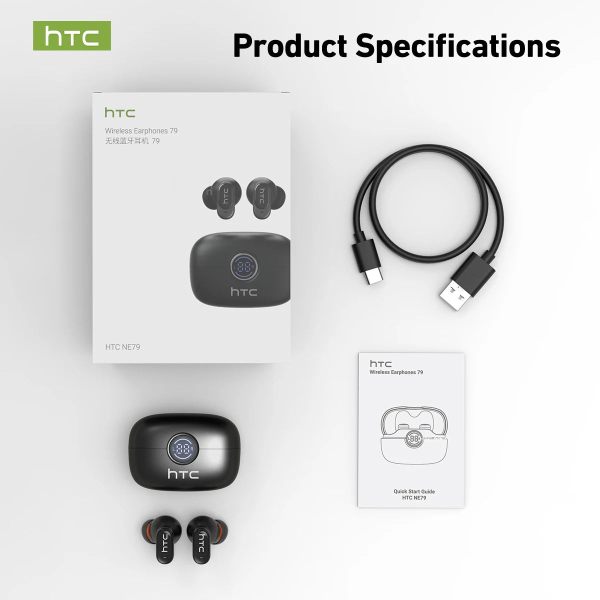 HTC NE79 TWS Bluetooth 6.0 Earbuds – AI Translation, ENC Noise Reduction & LED Display