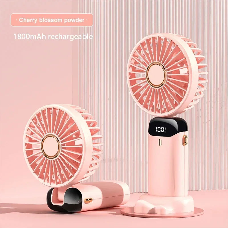 Portable Handheld Mini Fan – 5-Speed Foldable Neck Fan with Phone Stand, Digital Display & 1800mAh Battery