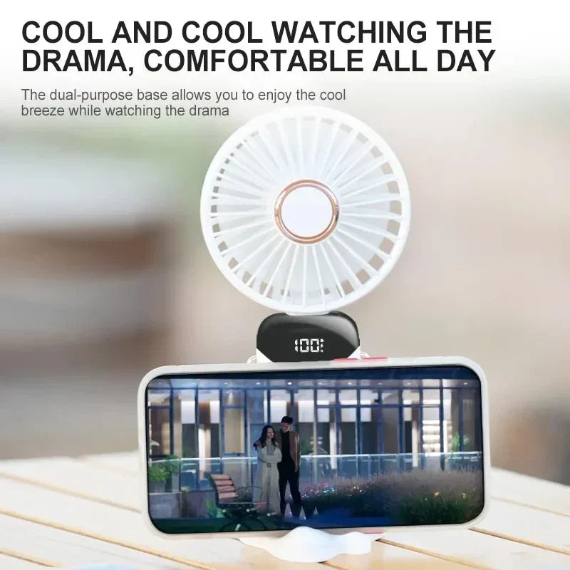 Portable Handheld Mini Fan – 5-Speed Foldable Neck Fan with Phone Stand, Digital Display & 1800mAh Battery