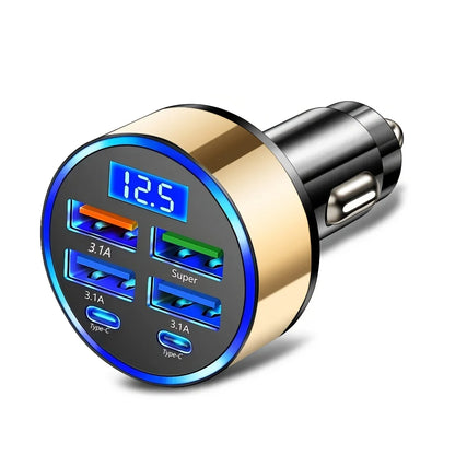 6-in-1 Car Charger Adapter – Dual USB-C Fast Charging with 3.1A Output & Digital Display
