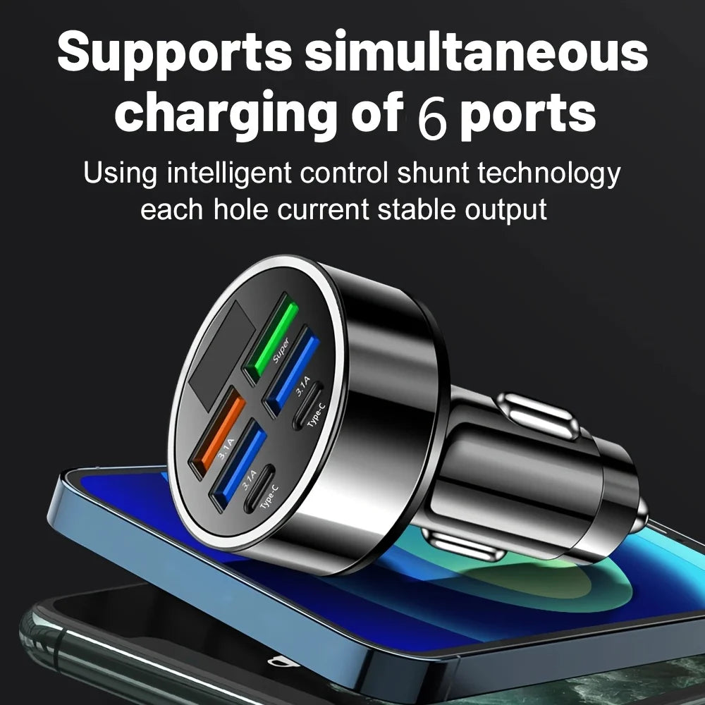6-in-1 Car Charger Adapter – Dual USB-C Fast Charging with 3.1A Output & Digital Display