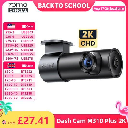 70mai M310 Plus 2K Dash Cam – 1440P HD, 143° Wide-Angle View, Night Vision & Voice Control