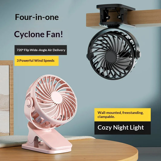 Portable Rechargeable Clip Fan – 720° Rotatable Hanging Fan with Night Light for Outdoor Camping