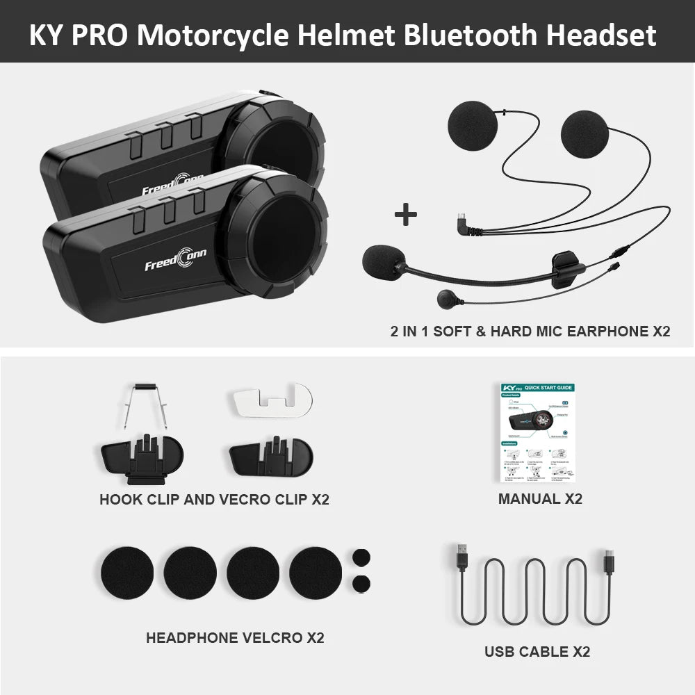 FreedConn KY-Pro Motorcycle Bluetooth Intercom – 6-Rider Helmet Headset with 1000m Range