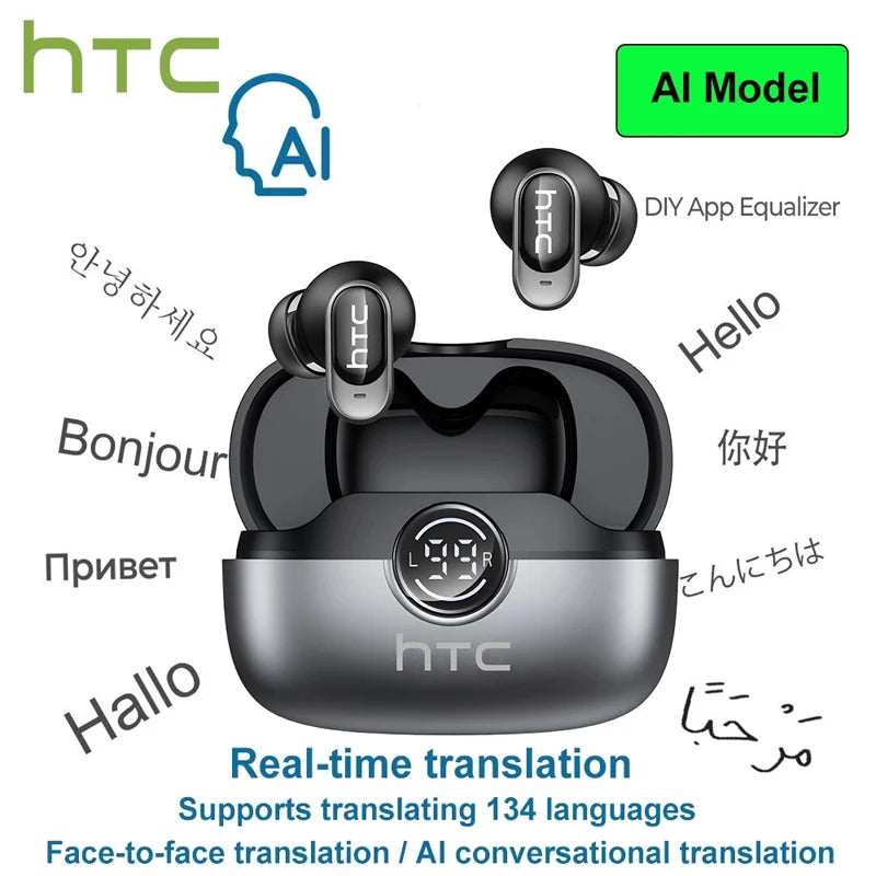 HTC NE79 Real-Time Translation Earbuds – Bluetooth Wireless Earphones with AI Call Noise Reduction & LED Display