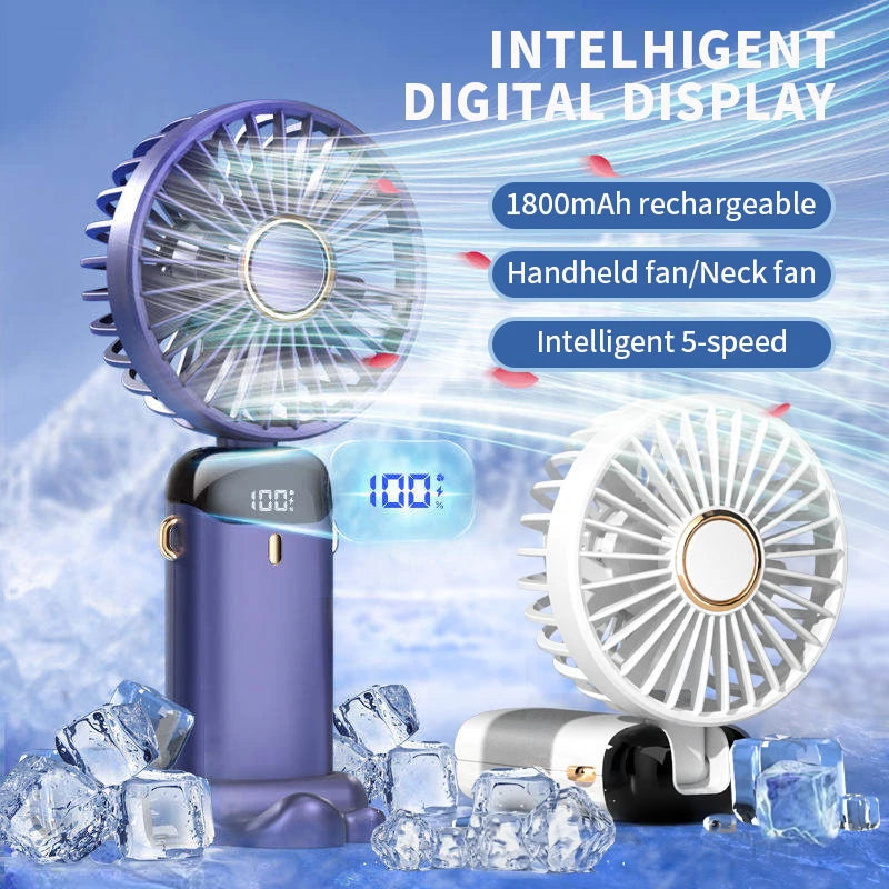 Portable Handheld Mini Fan – 5-Speed Foldable Neck Fan with Phone Stand, Digital Display & 1800mAh Battery