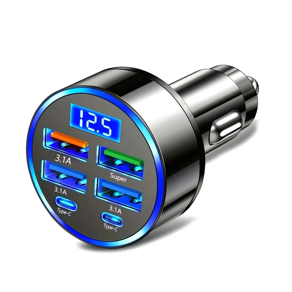 6-in-1 Car Charger Adapter – Dual USB-C Fast Charging with 3.1A Output & Digital Display